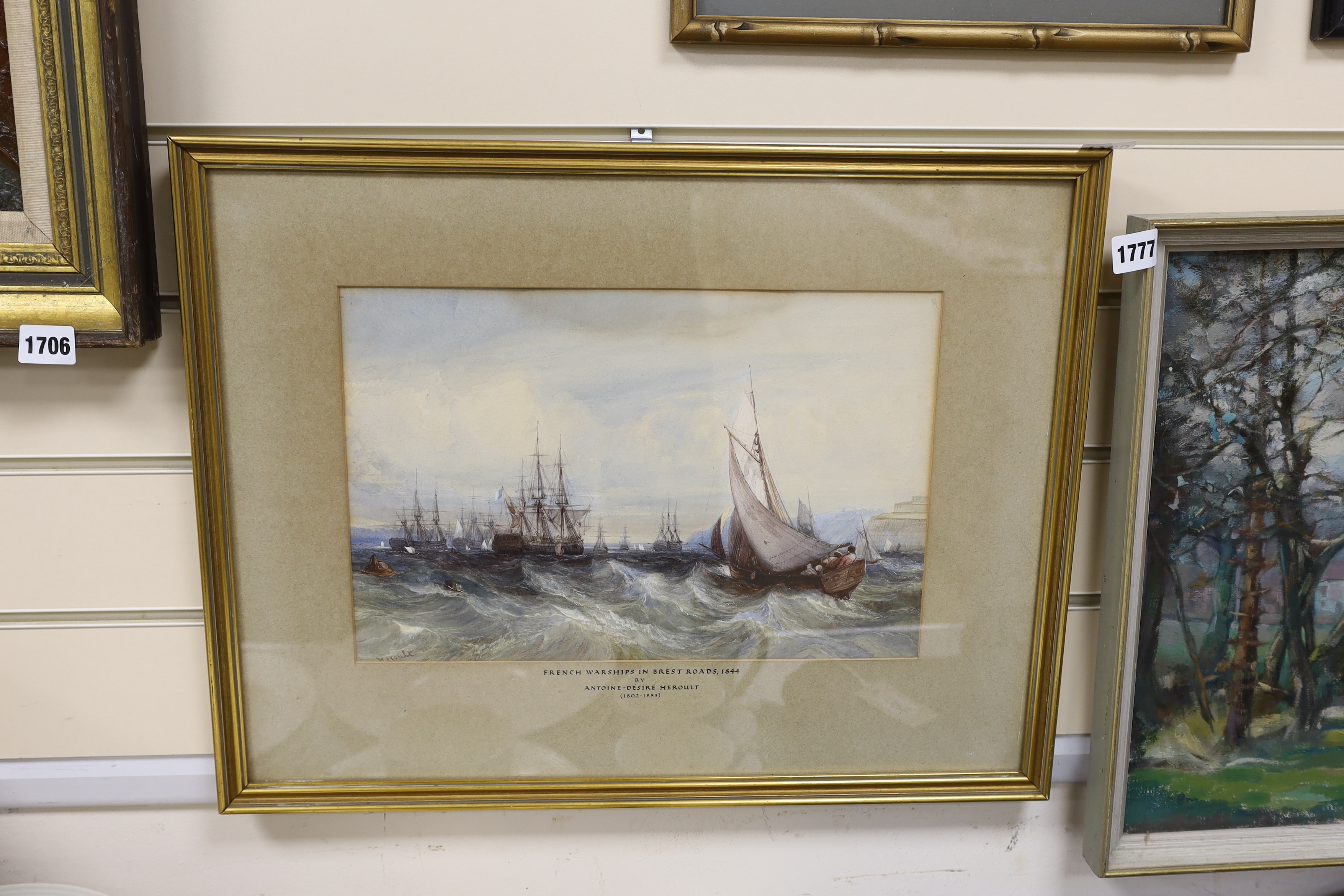 Antoine-Desire Heroult (French, 1799-1853), watercolour, French warships in Brest Roads, signed and dated 1844, 24 x 36cm
